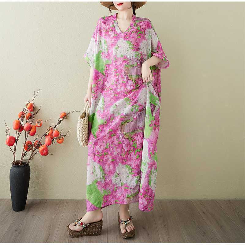 Women's Vintage Long Dress with Cotton and Linen Patterns