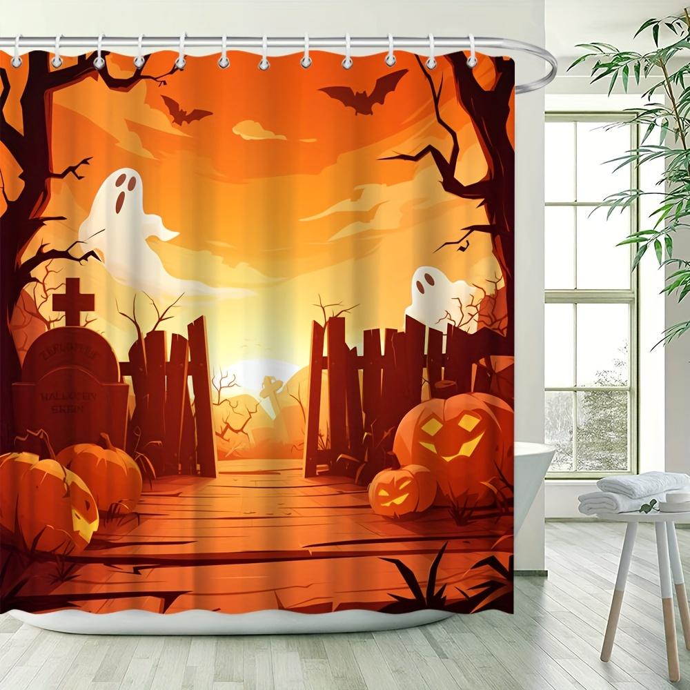 

Halloween Shower Curtain - Pumpkin Lantern, Wooden Fence, Manor Horror, Bat Design, Casual Simple, Waterproof Polyester W90xH180cm
