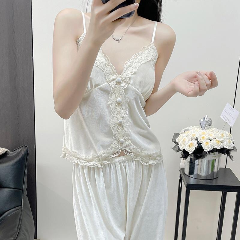 Golden velvet pure lace lace pajamas women's autumn and winter thick nightgown suspender trousers three-piece set loungewear