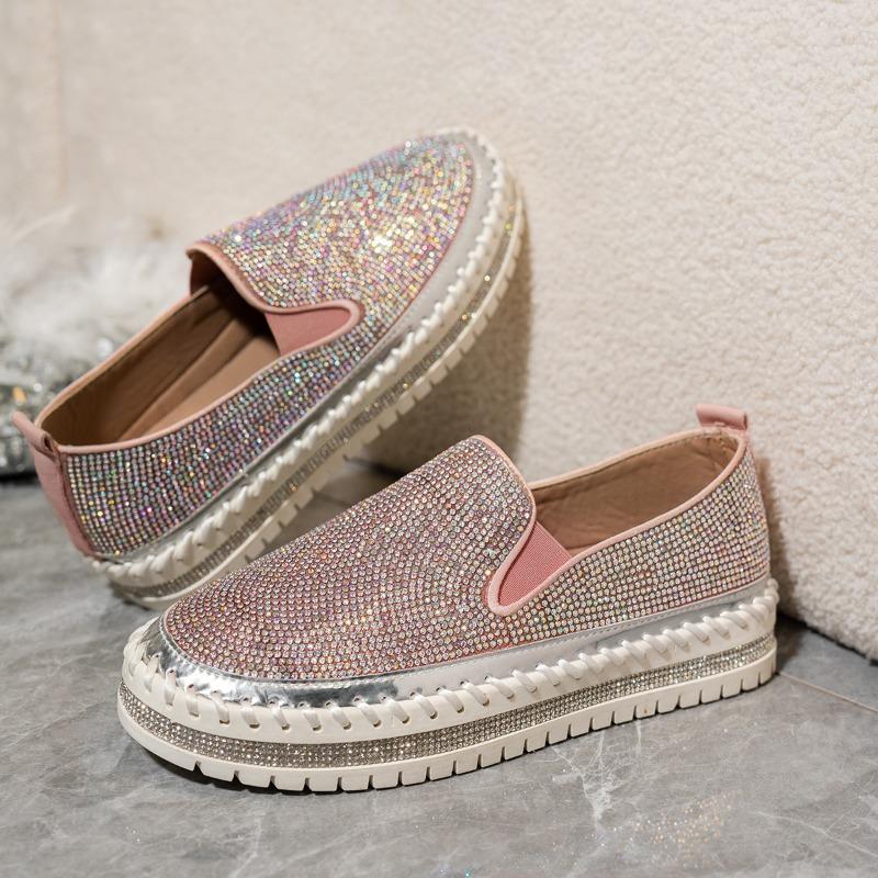 Fashion Car Stitching Full Diamond Loafers Autumn New Round Toe Deep Mouth Platform Non-slip Wear-resistant Flat Shoes