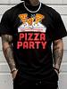 Cartoon Dancing Pizza Pieces And Pizza Party Text Front Print Unisexs Crew Neck Short Sleeve Tee Casual Daily Soft Basic Wear Top