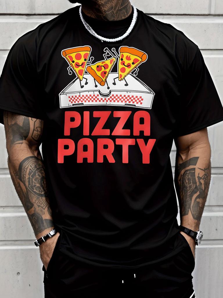 Cartoon Dancing Pizza Pieces And Pizza Party Text Front Print Unisexs Crew Neck Short Sleeve Tee Casual Daily Soft Basic Wear Top