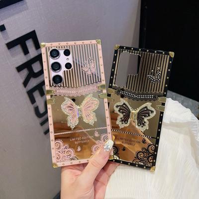 Geeignet für Samsung S24 Butterfly Diamant Inlay Halterung Handyhülle A73 Schminkspiegel Laufsteg Quadratische Schutzhülle High End