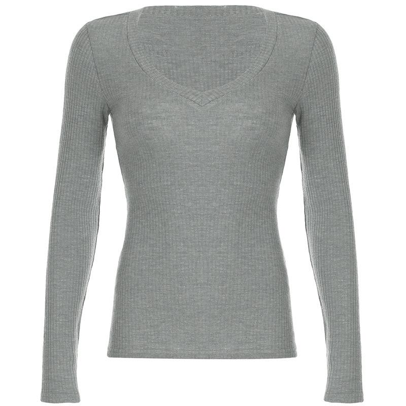Women s Ribbed V-Neck Long Sleeve Slim Fit Knit Top Small серый