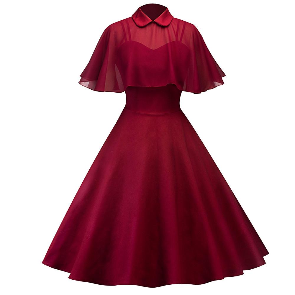 Women's Solid Color Lace Long Skirt Cloak Stand Collar Short Sleeve Dress