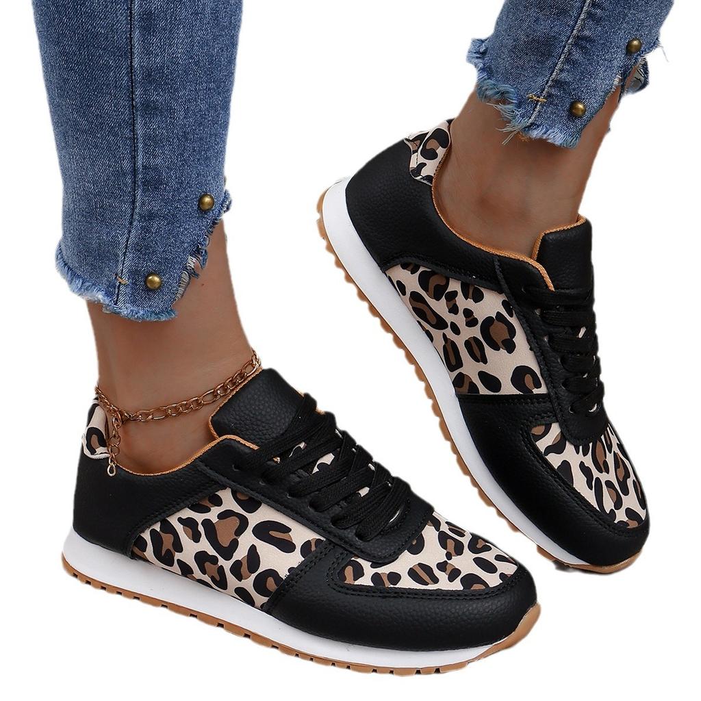 Sneakers large size new splicing lace-up sneakers annual low-top leopard print sports and leisure shoes women