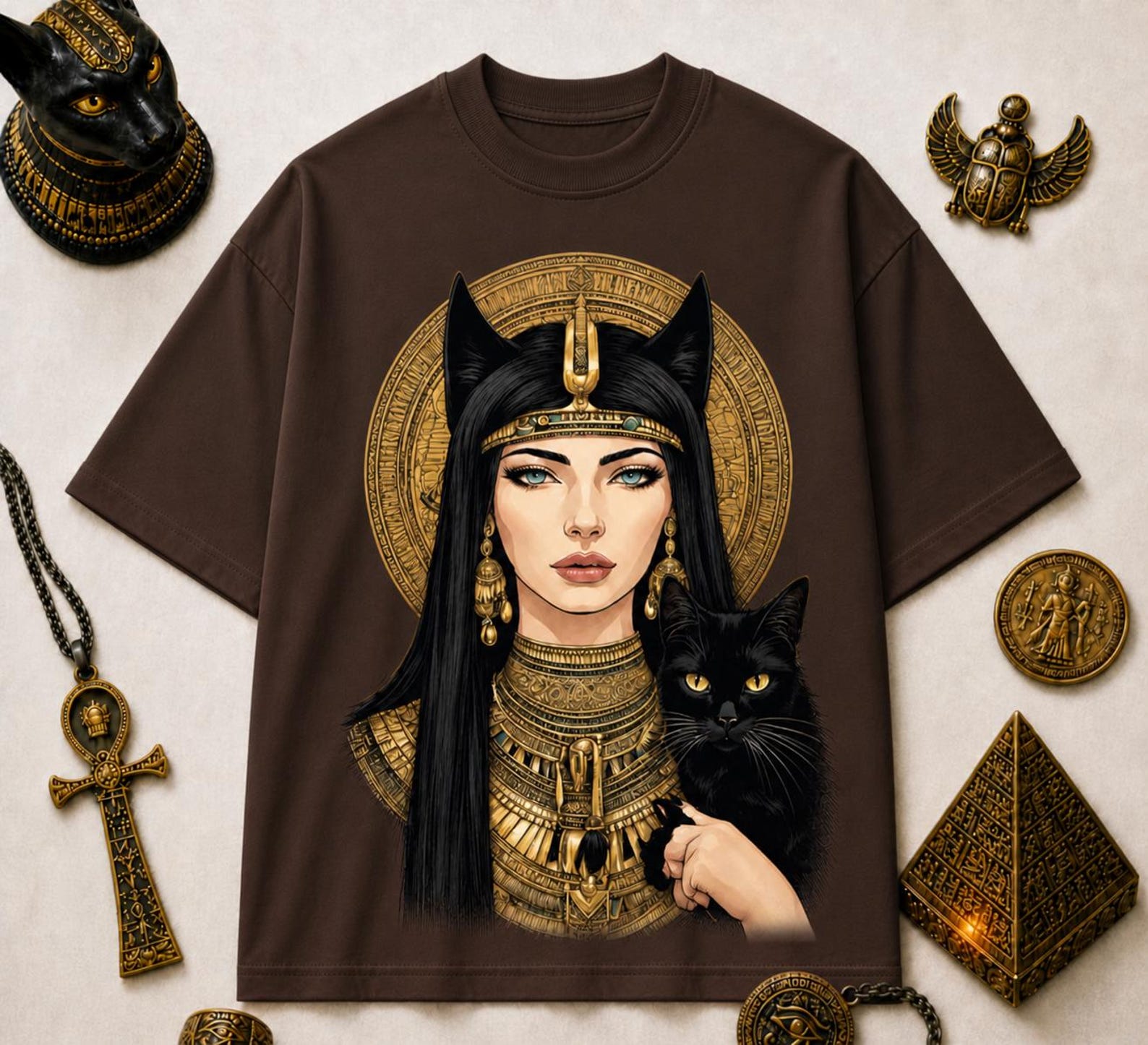 Egyptian Queen Black Cat T-Shirt, Bastet Goddess Graphic Tee, Ancient Egypt Streetwear S