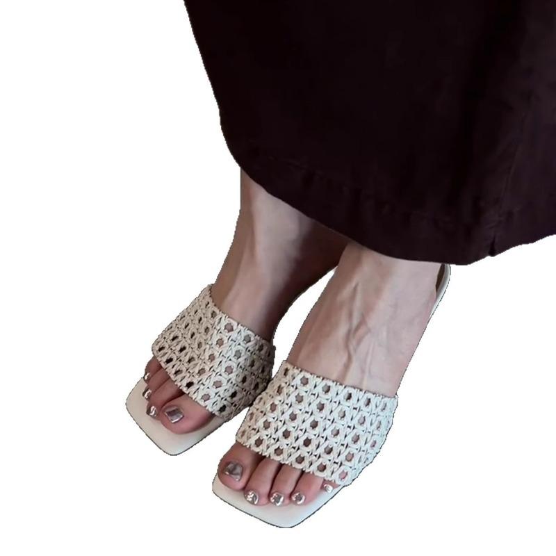Sheepskin version~ Summer fashion new woven hollow mesh fashion outer wear stiletto one-word drag cool slippers women