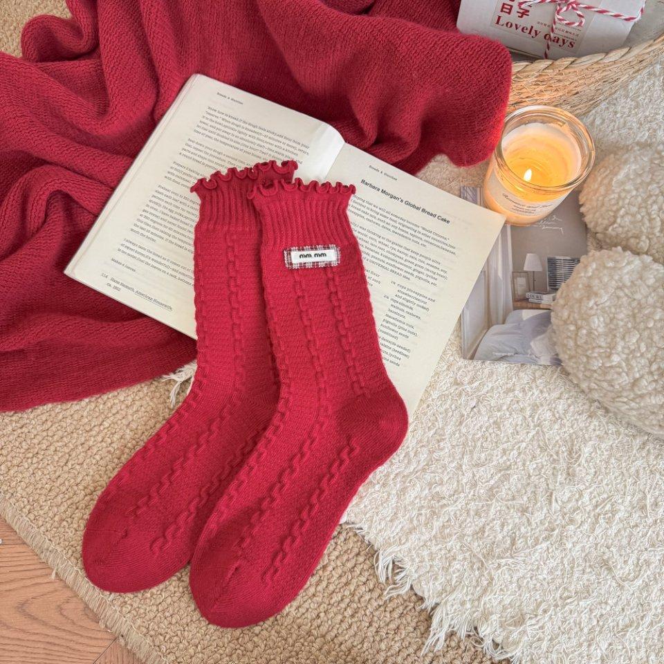 Wool Socks - Children's Autumn and Winter Red Thick and Warm Sleeping Socks, New Year Floor Stockings