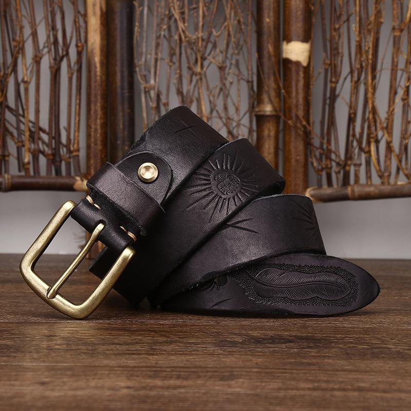 Мужской Бохо Ретро Пояс Мужской Из Натуральной Кожи Первый Слой Коровья Кожа Пояс С Персонализированной Гравировкой Западный Джинсовый Пояс 100cm