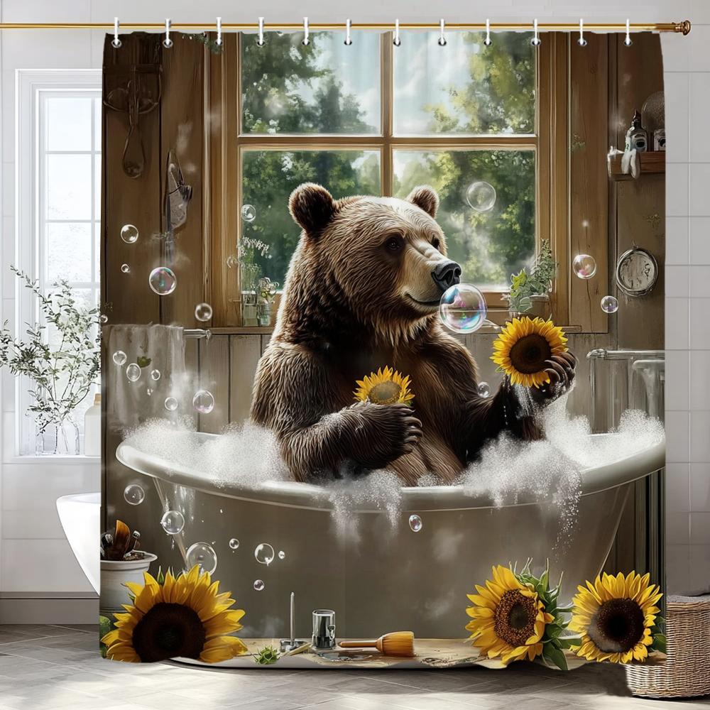 Cute Brown Bear in Bath Shower Curtain, Bathroom Decorative Shower Curtain, Waterproof Shower Curtain with Hooks