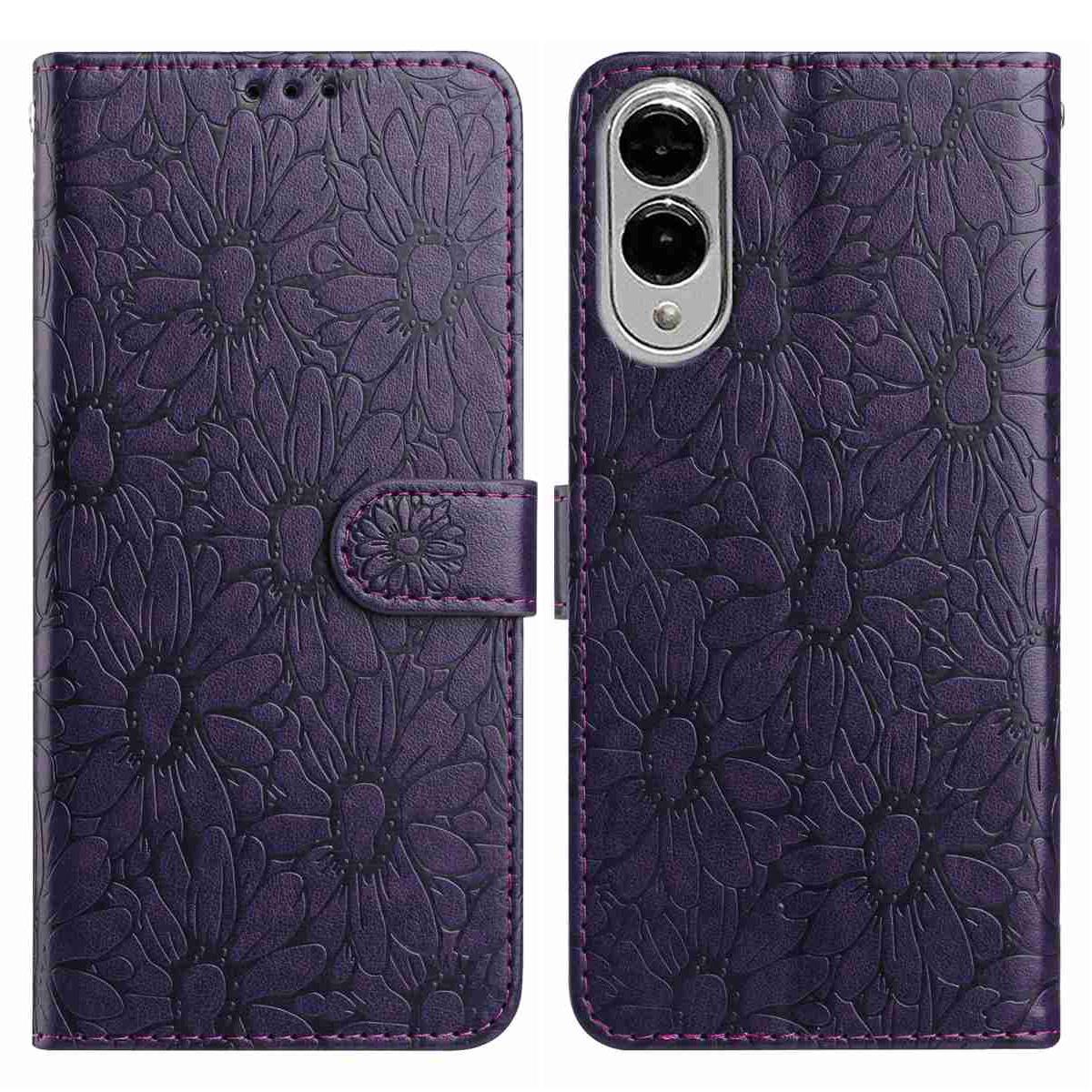

For Samsung Galaxy S25 Edge Leather Case Daisy Imprint Wallet Stand Phone Protective Cover Dark Purple