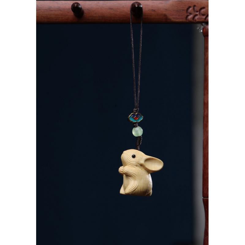Rosewood Boxwood Green Sandalwood Carved Rabbit Phone Charm Pendant
