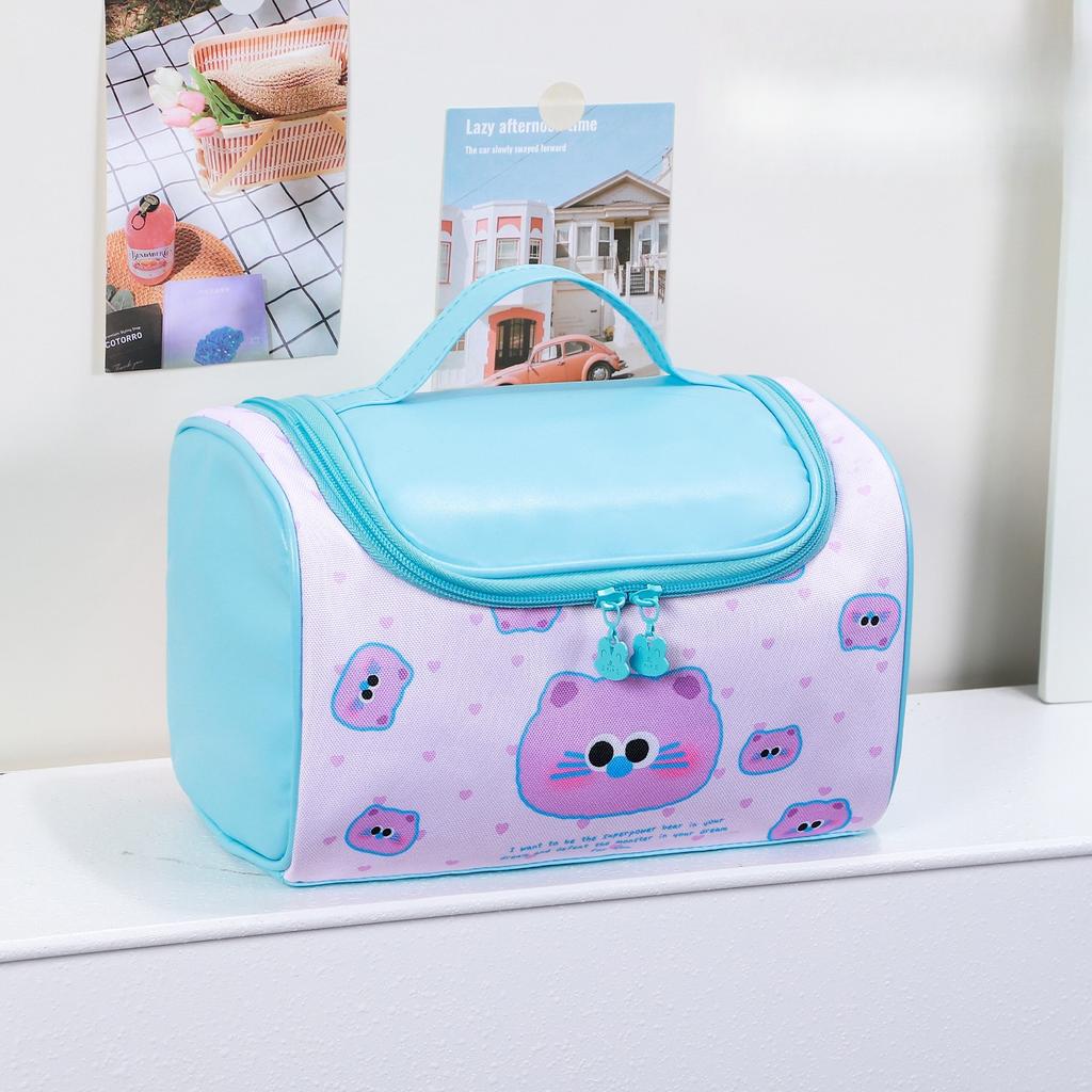Cute Cat Storage Bag Student Portable Toiletry Bag Travel Storage Bag Cartoon Checkered Color-Block Handheld Makeup Bag