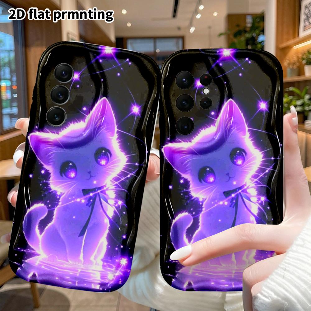 Phone Case: 2D Flat Samsung Galaxy A34 A35 S20 S22 S21 FE Plus Ultra Protective Case, Neon Glowing Purple Kitten, Christmas and Halloween Gift