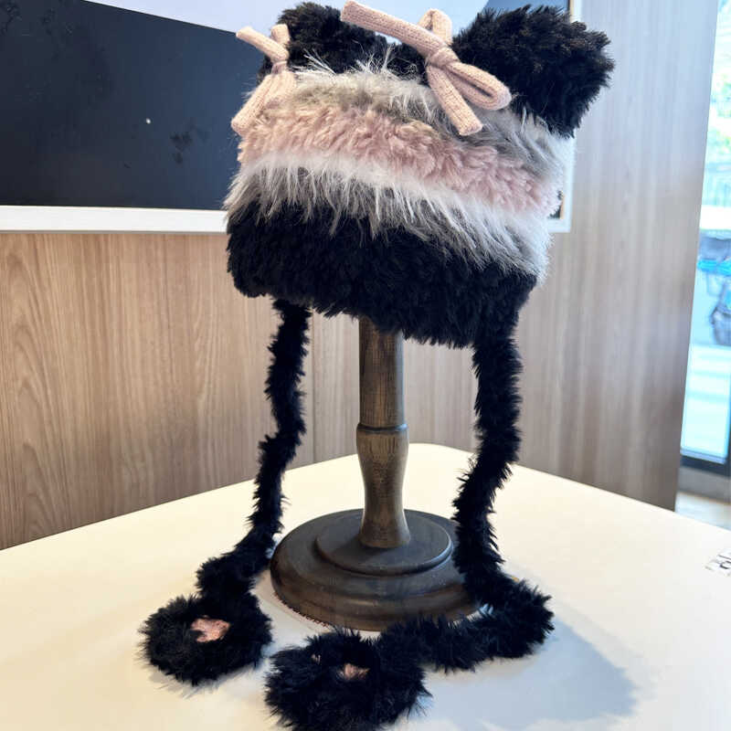 Cute Plush Hat Women's Autumn and Winter Colorful Fringed Braids Knitted Pullover Hat Ear Protector