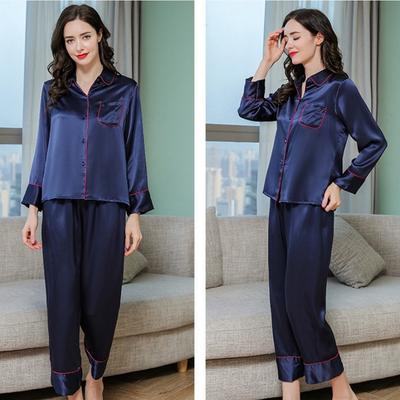Pure Silk Women's Autumn Casual Pajamas Girl's Home Lapel Cardigan Button Down Thin Two-piece Set 100% Silk Pyjamas Homewear