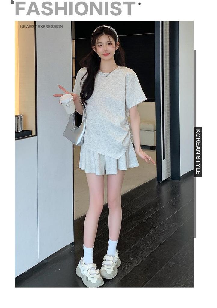 2026 Rhinestone Maternity Summer Outfit: Loose Short-Sleeve Top & Skirt Set for Slimming and Tummy-Covering.