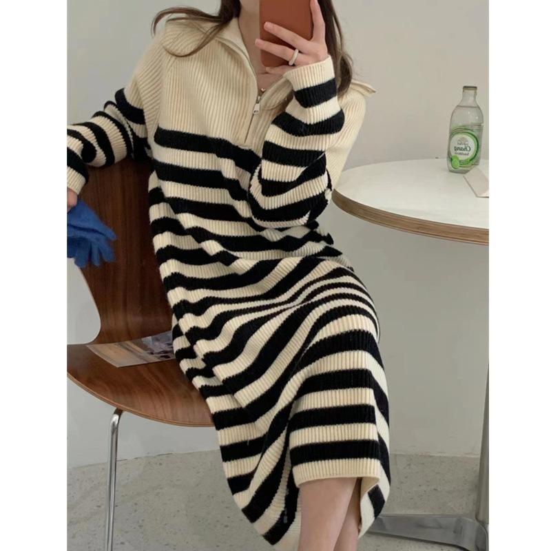 Striped sweater dress women's spring and autumn loose and thin medium and long sweater skirt temperament knitted bottoming skirt