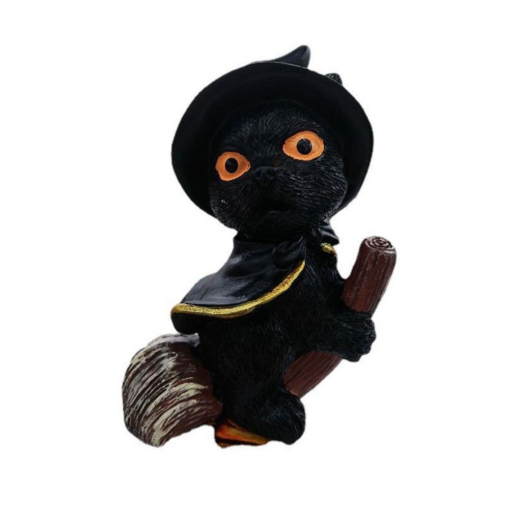 Decorative Flying Broom Cat Small Broomstick Cat Creative Black Cat Witch Statue  Desktop