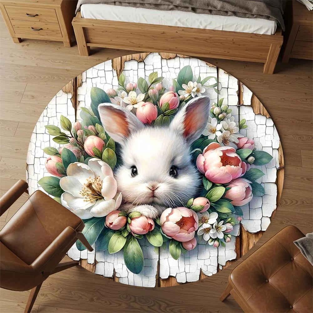 1pc Rabbit Flowers Round Chair Mat Office Area Rug - Non-Slip, Floor Mat for Office, Bedroom, Ideal Home Decor Gift C0112082