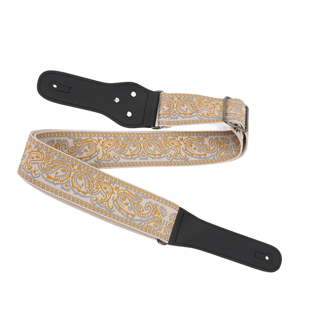 Pasek do Gitary Wzór Haftowany Vintage Długość Regulowana Szeroki Pas do Gitary Akustycznej Elektrycznej Basowej Złoty