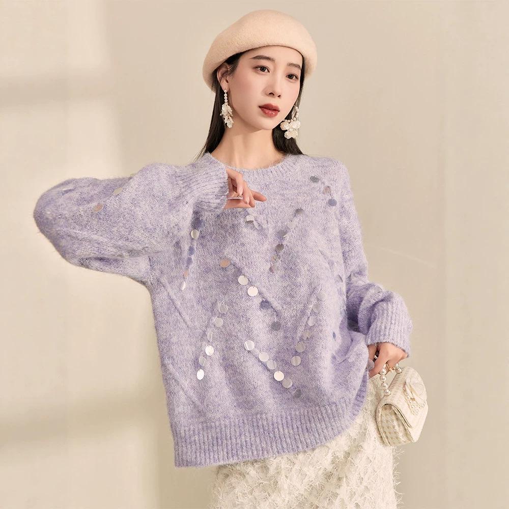 Elegant Purple Sequin Round Neck Sweater - Soft, High-Grade Pullover with Niche Design and Lazy Style.