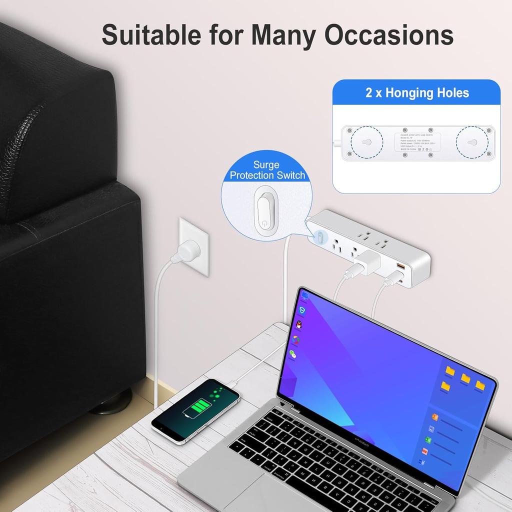 10FT Power Strip Surge Protector, 12-in-1 Power Bar with Multiple Outlets, 9 Outlet 3 USB Ports, Flat Plug Power Strip Surge Protector, Multi Outlet