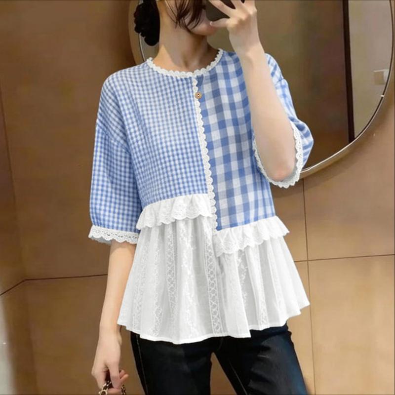 ZANZEA Women Casual Round Neck Half Sleeve Splice Grid Print Blouse M синий