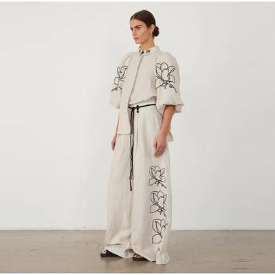 Women's Spring/Summer Fashion Cotton and Hemp Printed Pants Set Vintage Bubble Sleeves Flip Collar Shirt Pleated Wide Leg Pants Set