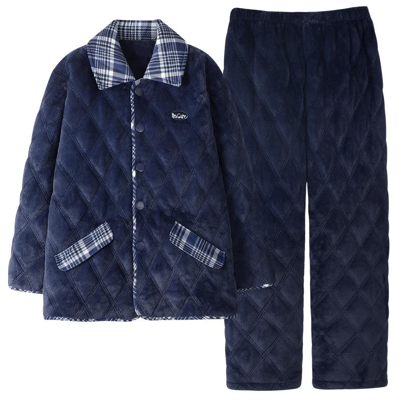 Pajamas Men'S Winter Thickened Fleece Coral Fleece Three-Layer Padded Cotton Autumn And Winter Flannel Warm Padded Jacket Loungewear