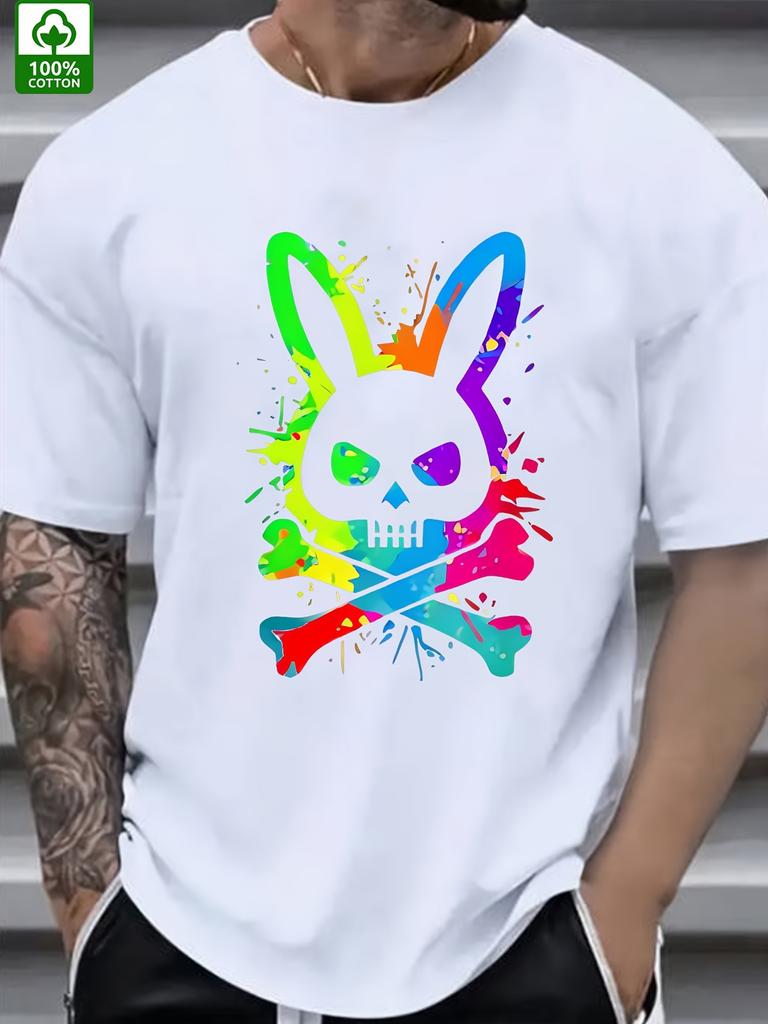 Summer Mens Roundneck ShortSleeved Sports TShirt Skull Rabbit Print 100 Cotton Casual Summer Outfit Breathable Comfortable