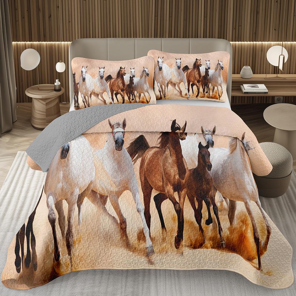 Wild Horse Bedspread Queen/Full Galloping Horse Pattern Quilted Bedding Set Farm Animal Coverlet Set Reversible Rustic Bed Cover