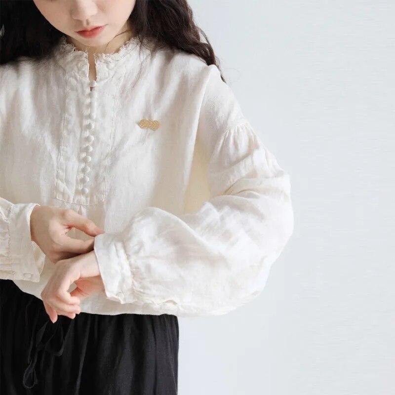 Johnature Japanischen Rüschen Kragen Langarm Shirts Frauen Vintage Casual Einfarbig Lose Leinen Hemd Herbst