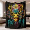 1pc Vibrant Deer & Floral Print Flannel Blanket | Soft Cozy All-Season Throw for Travel, Sofa, Bed, Camping, Car & Office, Machine Washable, Polyester