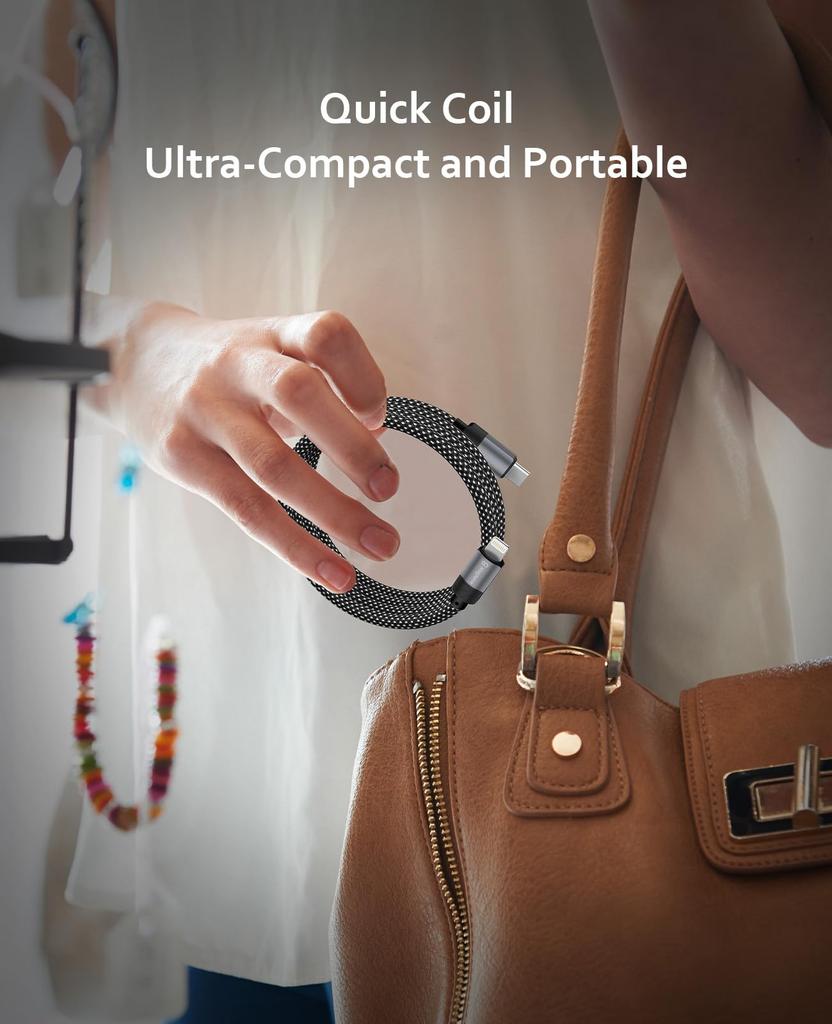 Magtame Lightning Cable with Magnetic to Metal iPhone Charging MFi Dual Fast Compatible with iPhone and More 1.5M USB-C, Auto-Retracting, Type-C