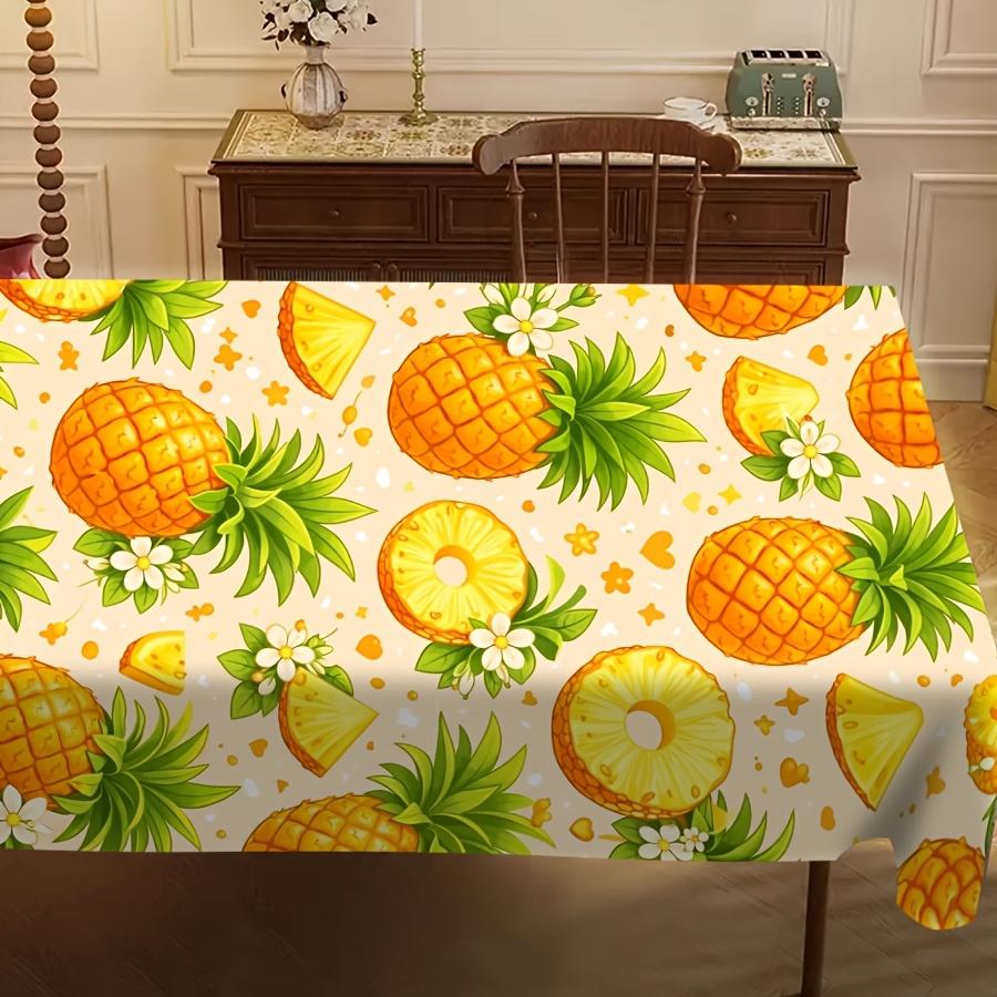 Round Polyester Tablecloth, printed with bright green pineapple & tropical leaves. Durable, reusable and easy to clean. Great decor for kitchen, dinin