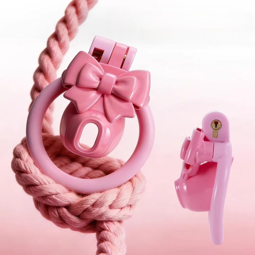 Pink Bowsymbol Chastity Cage Negative Cb Lock Pot Lid Body Restraint Training Chastity Cage Belt Chastity Device with 4 Rings