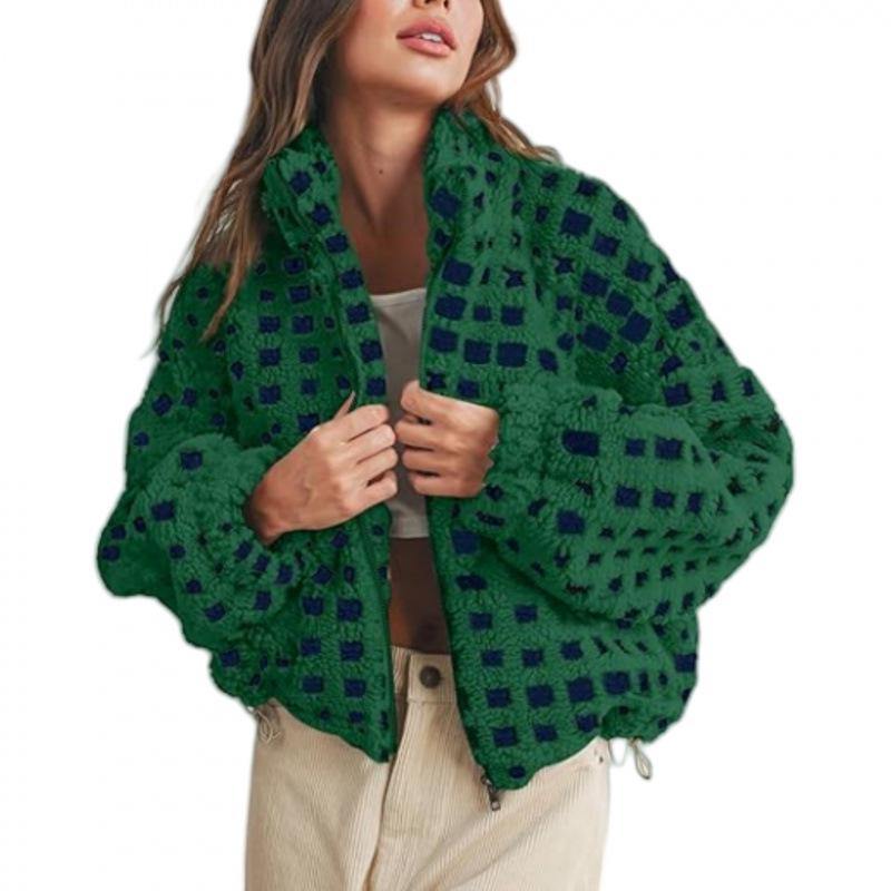 Европейская и американская женская ветрозащитная клетчатая повседневная куртка из шерсти ягненка Small