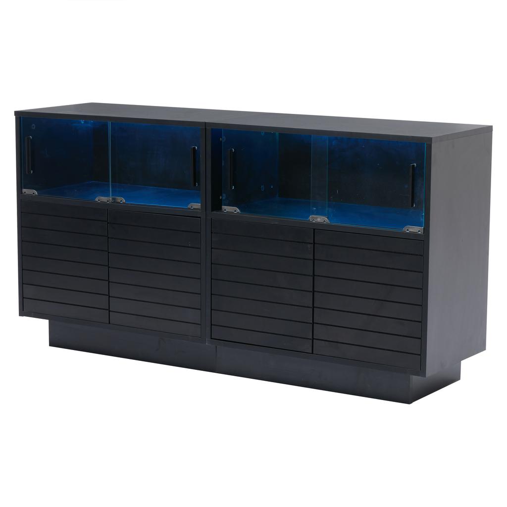 130*35*68cm Sideboard with 2 Cabinets, 4 Compartments, Glass Doors, Side Cabinet with LED Light, Living Room Cabinet with Lots of Storage Space