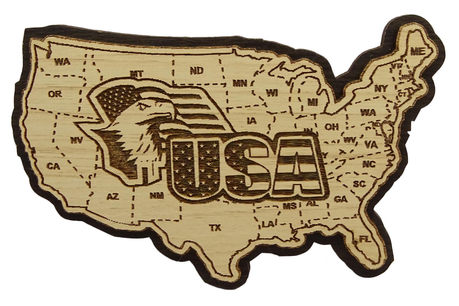 

USA Map Wood Engraved Fridge Magnet Souvenir Gift 4 x 2.5 коричневий