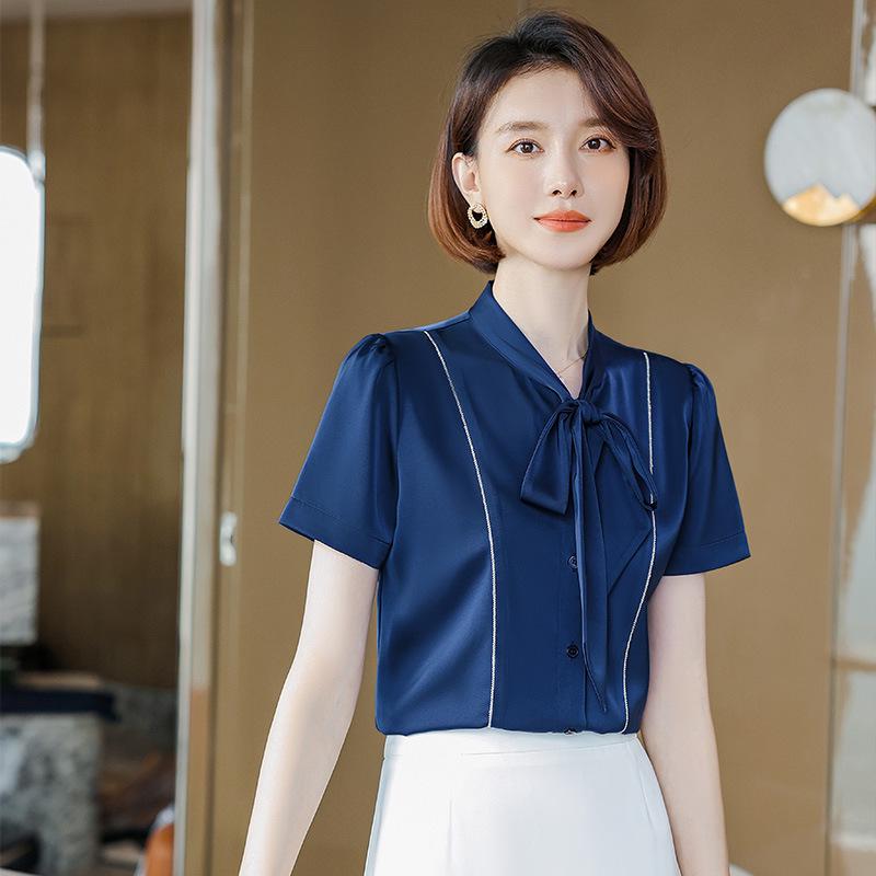 2023 Women's White Bow Blouse: Short Sleeve Workwear for Civil Servant Interviews & Hotel Reception