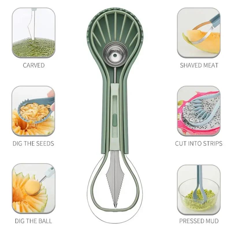 6 In 1 Melon Ball Spoon Setting Knife Shape Set Stainless Steel Fruit Spoon Fruit Carving Tool Watermelon Slicer Kitchen Gadgets
