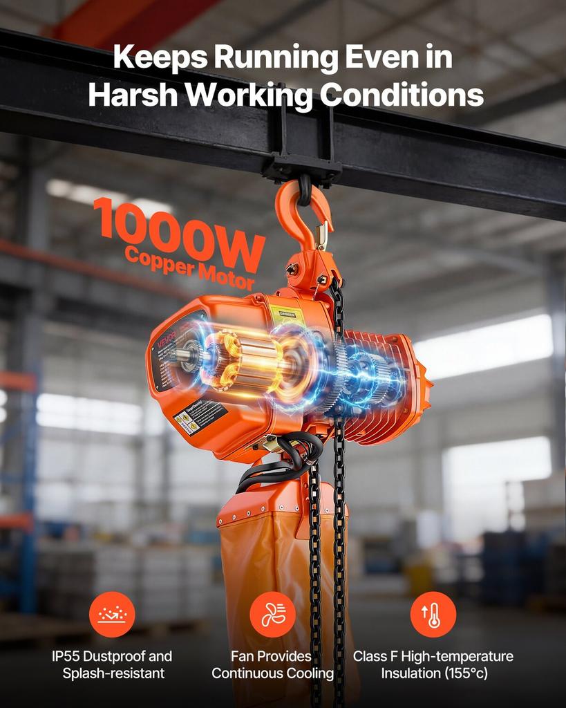 1000 Kg Electric Chain Hoist, 6 M Lifting Height, Three-Phase Overhead Crane with 100 M Wireless & 4.5 M Wired Remote Control, Double G80 Chain Hoist