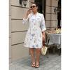 Plus Size Stand Collar Floral Print Dress Seven Sleeve Single Breasted Loose Slim Fit Vacation Dress Fashion Elegant Comfortable Dress