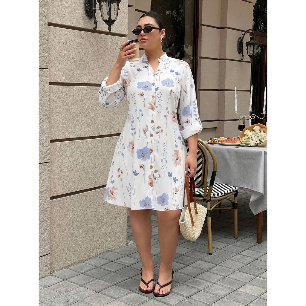 Plus Size Stand Collar Floral Print Dress Seven Sleeve Single Breasted Loose Slim Fit Vacation Dress Fashion Elegant Comfortable Dress