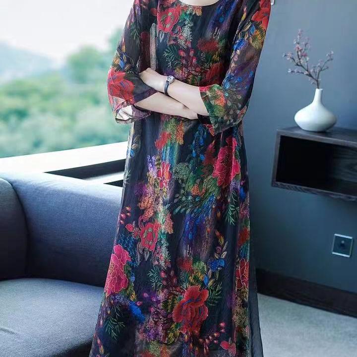 Boussac Western Stampa Floreale Donna Mezza Manica Vestidos Mujer Elegante Abito in Seta 5xl