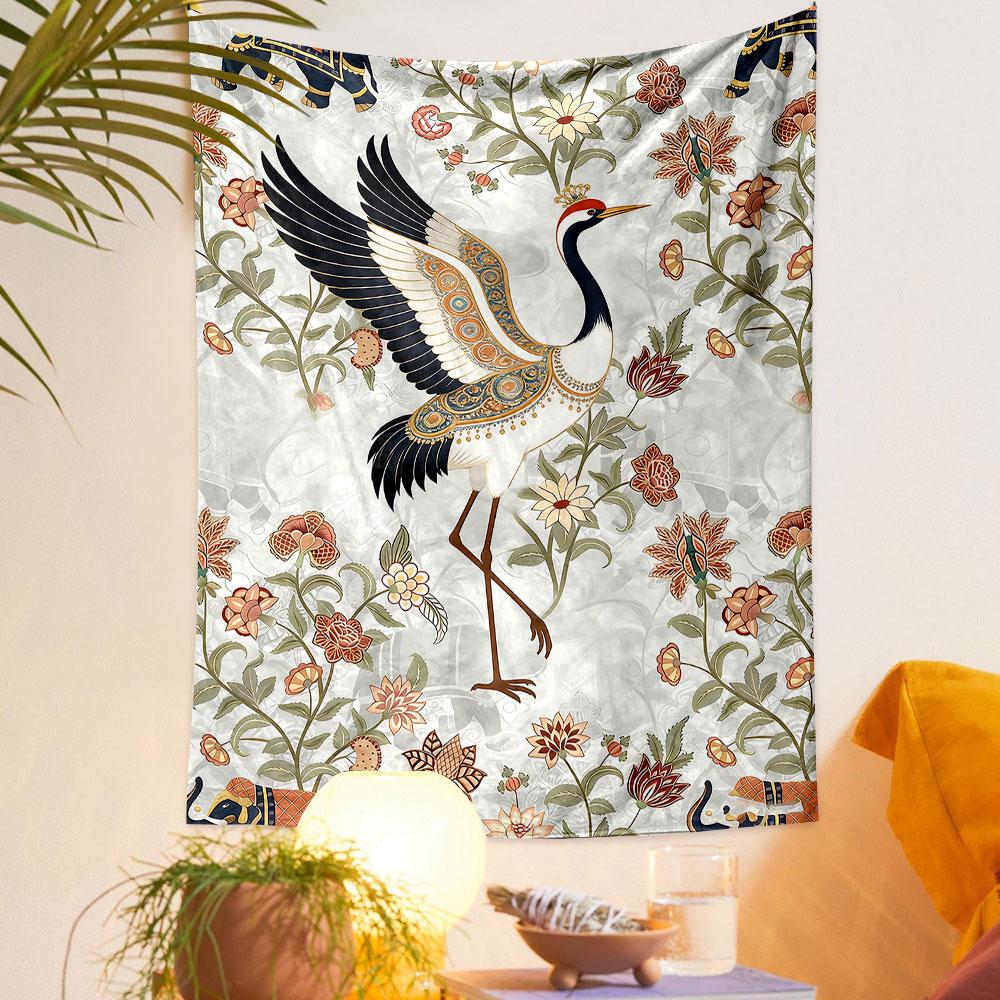 Graceful Crane with Floral and Elephant Motifs Patterned tapestry home decor, suitable for bedroom and living room, gift