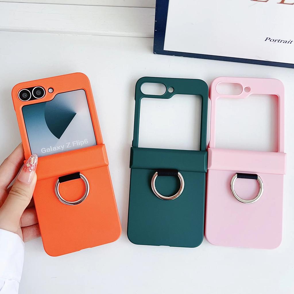 Colorful Matte With Grip Ring Case For Samsung Galaxy Z Flip 6 5 4 3 ZFlip6 ZFlip5 Finger Buckle Solid Color Shockproof Cover