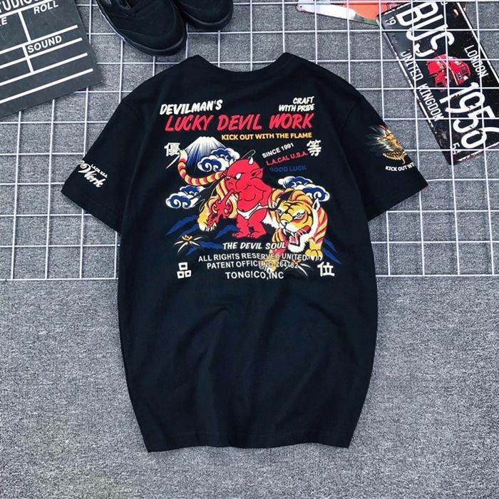Japanese Tide Brand Lucky Ghost Little Devil Tiger Print Tiger Head Locomotive Pure Cotton Large Size T-shirt Men Women